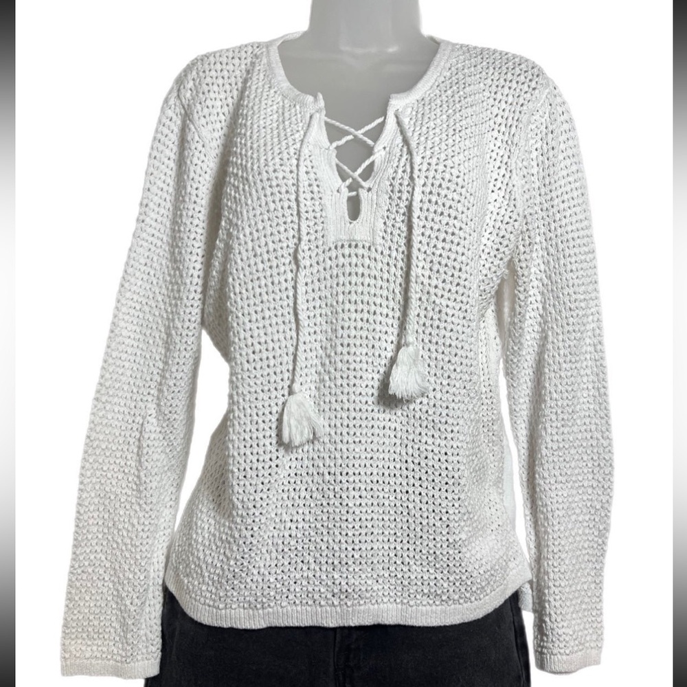 J.Jill White Cotton Open Knit Sweater Tunic Blouse Medium Casual Comfy